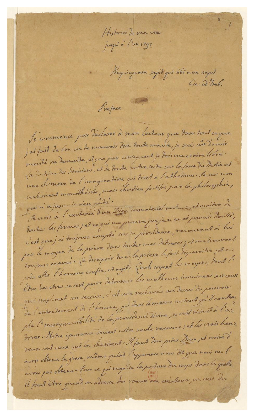 La première page du manuscrit de Casanova
