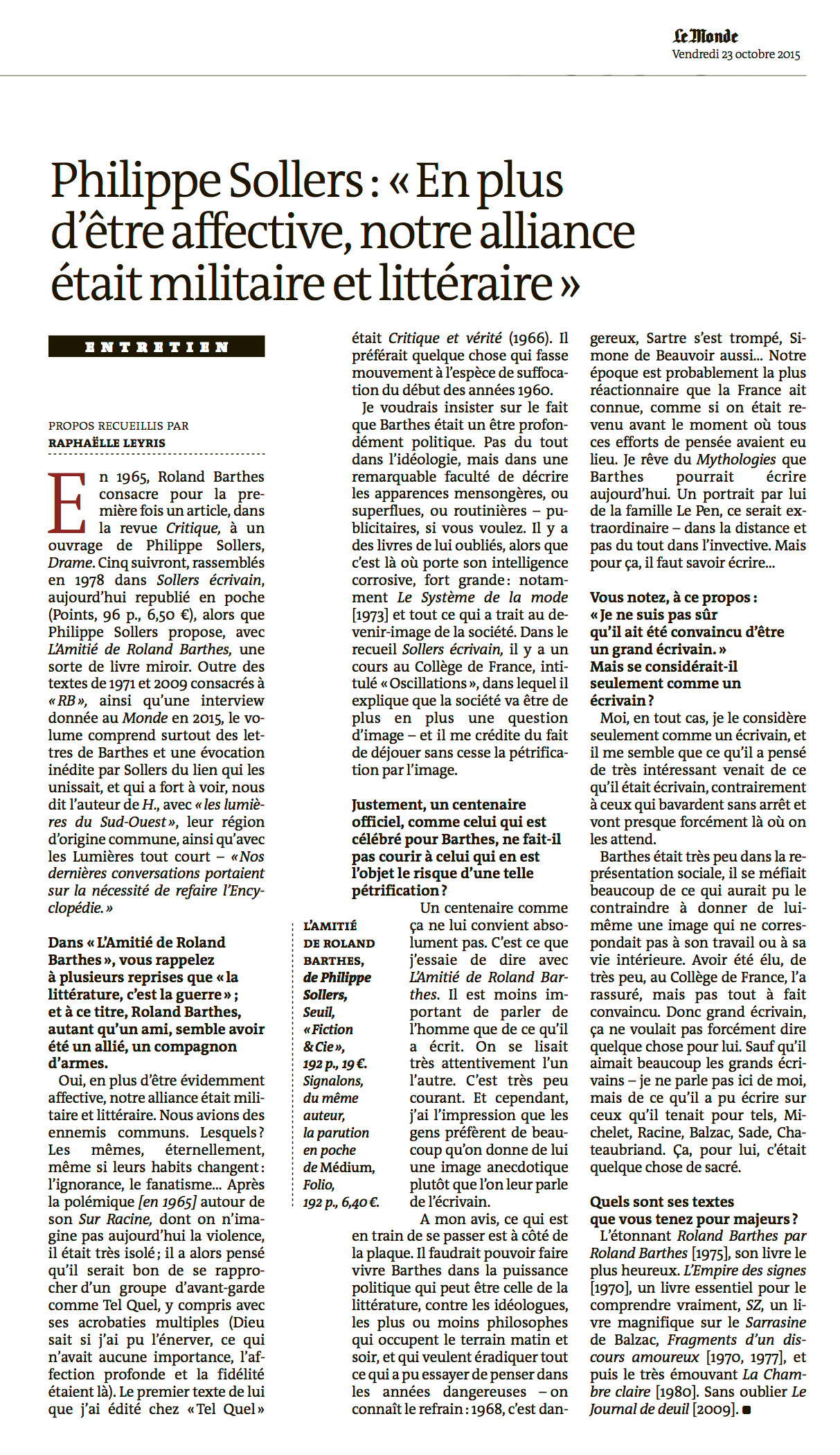 Sollers sur Roland Barthes, Le Monde du 23 octobre 2015