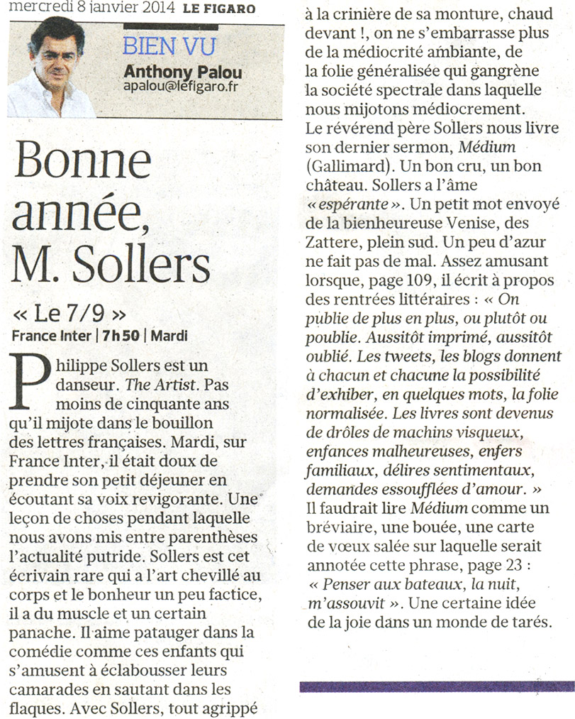 Philippe Sollers - Médium -Le figaro du 8 janvier 2014